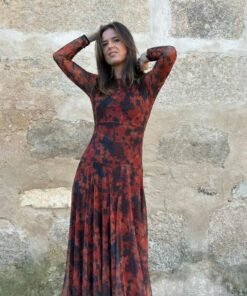 Vestido Rojo con mancha en antracita y burdeos